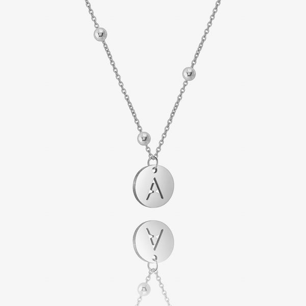Silver initial letter disc necklace with bead chain