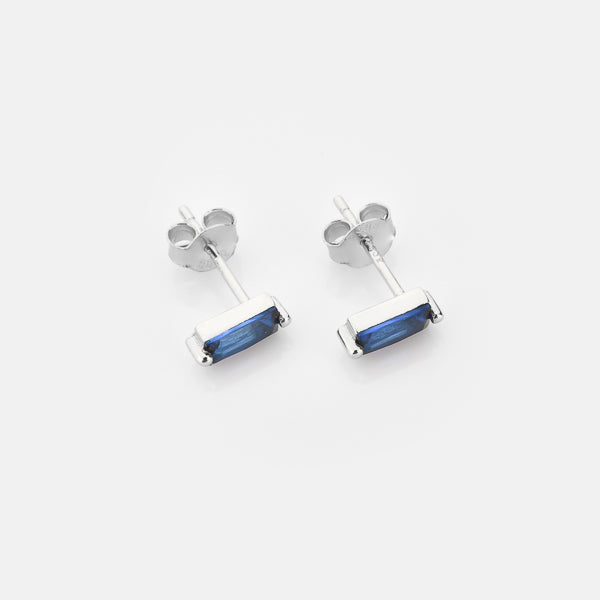 Silver and blue mini baguette cubic zirconia stud earrings details