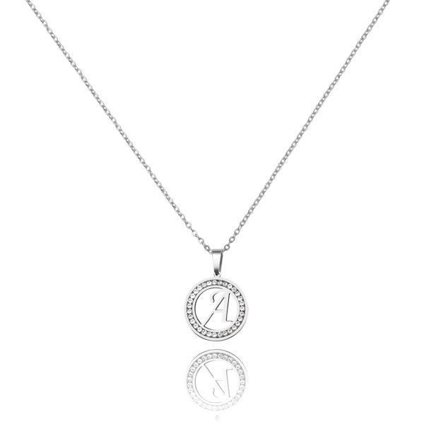 Silver initial coin necklace with crystal halo