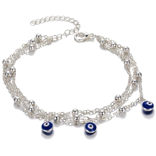 Silver layered evil eye anklet