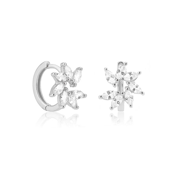 Silver flower crystal huggie hoop earrings