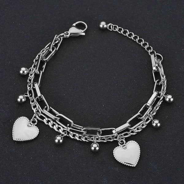 Waterproof silver layered heart charm bracelet