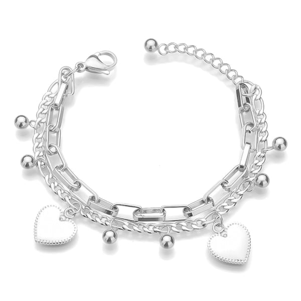 Silver layered heart charm bracelet
