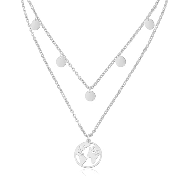 Silver layered world necklace with globe earth pendant