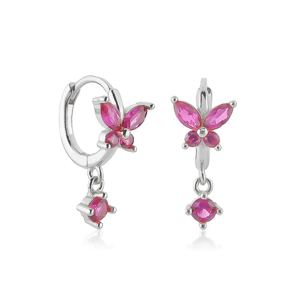 Silver and pink crystal butterfly huggie hoop earrings