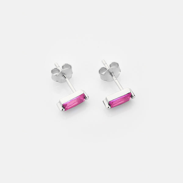 Silver and pink mini baguette cubic zirconia stud earrings details