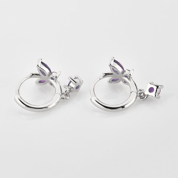 Silver and purple crystal butterfly huggie hoop earrings details