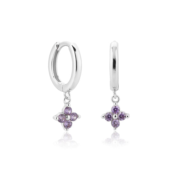Silver and purple mini flower huggie hoop drop earrings