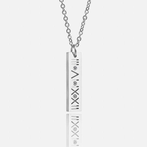 Silver Roman bar of wisdom necklace details