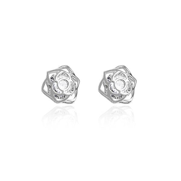 Silver crystal rose flower earrings