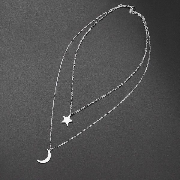 Silver star and moon necklace with two layers