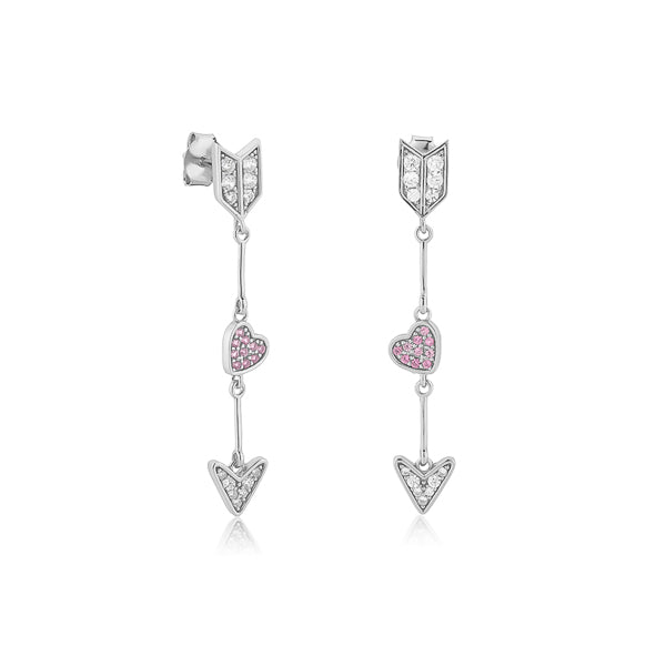 Silver arrow heart drop earrings
