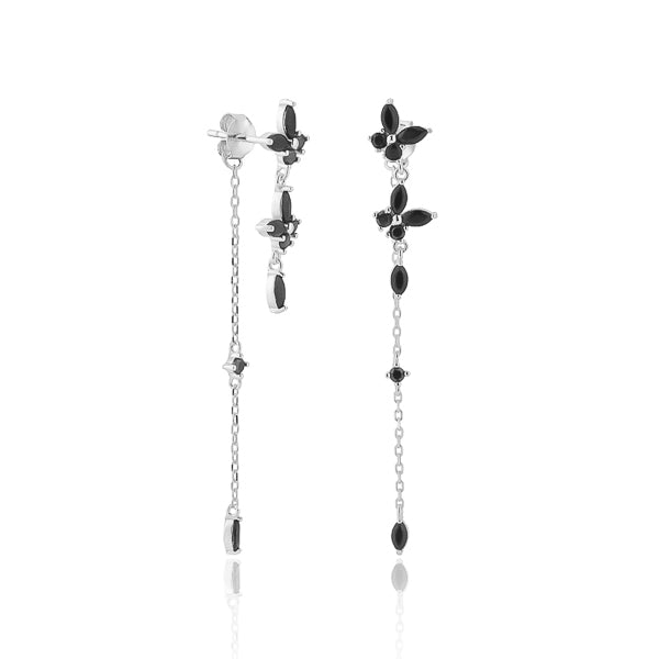 Silver black butterfly drop chain earrings