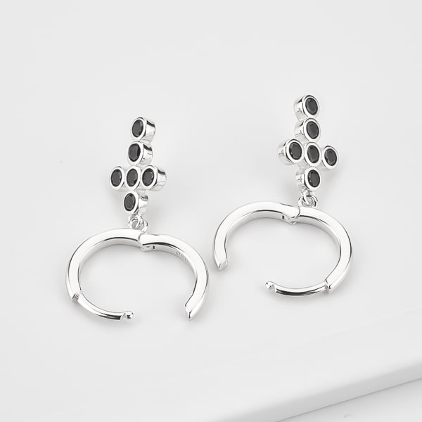 Silver black crystal cross mini hoop earrings detail