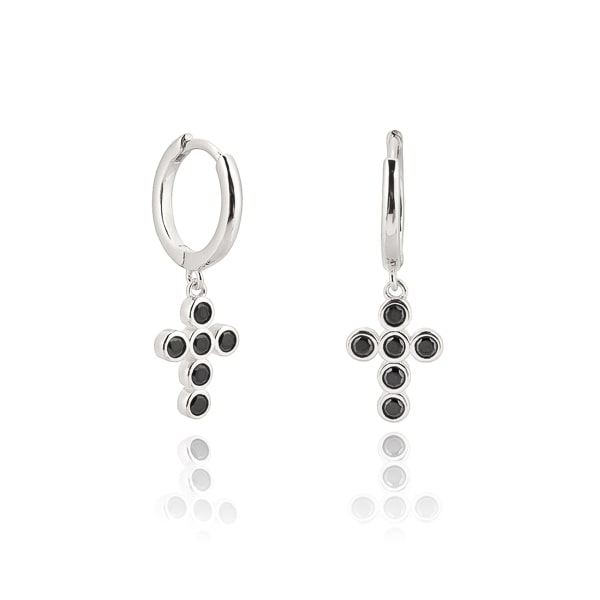 Silver black crystal cross mini hoop earrings