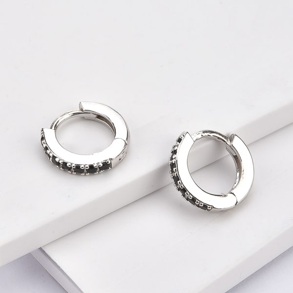 Silver black crystal huggie earrings details