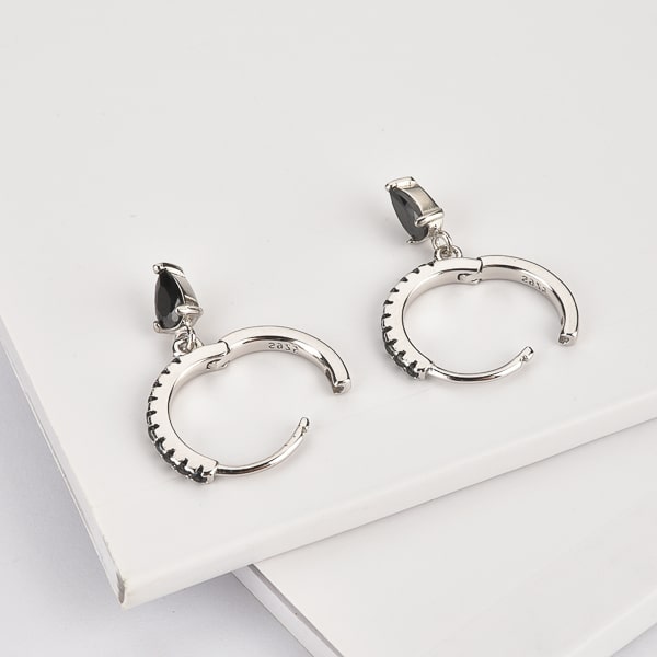 Silver black crystal huggie teardrop earrings details