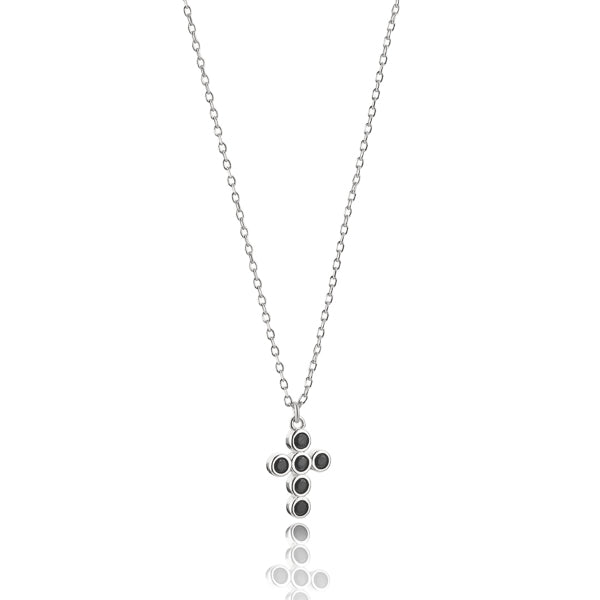 Silver rounded cross necklace with black crystals