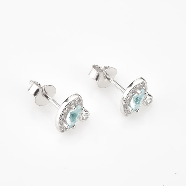 Silver blue crystal eye stud earrings detail
