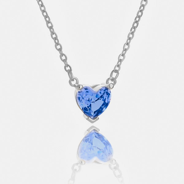 Silver blue crystal heart necklace details