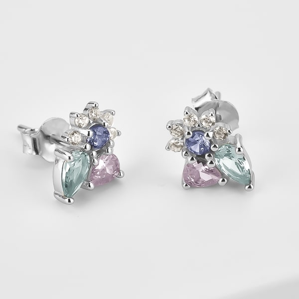 Details of the silver blue floral crystal cluster stud earrings