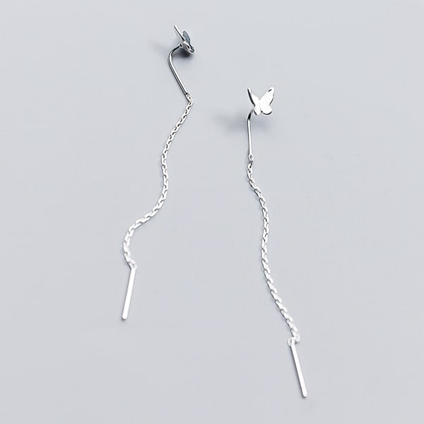 Silver butterfly threader earrings detail