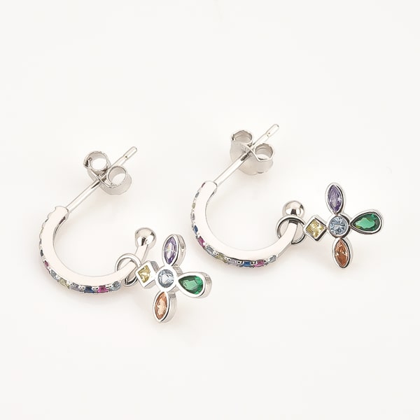 Silver colorful crystal cross c hoop earrings detail
