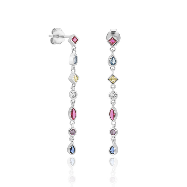 Silver colorful crystal drop chain earrings