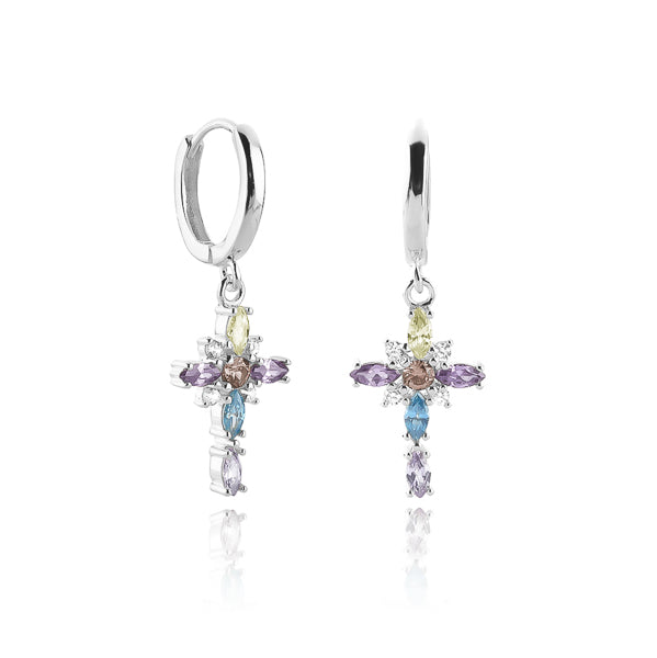 Silver colorful designer cross earrings