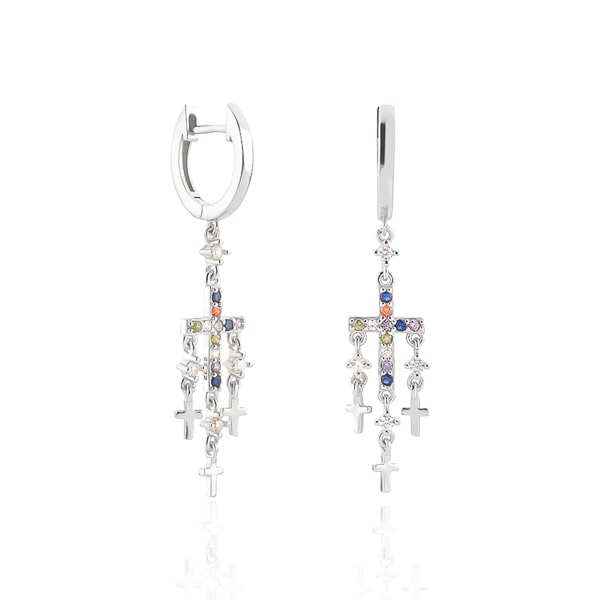 Silver cross chandelier earrings