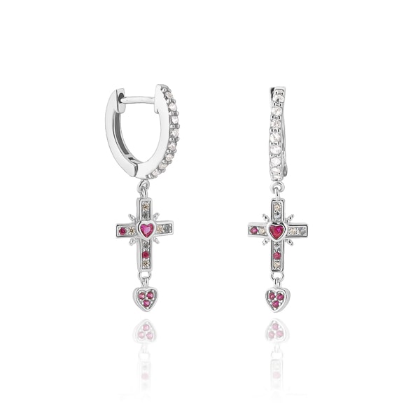 Silver cross heart huggie hoop earrings