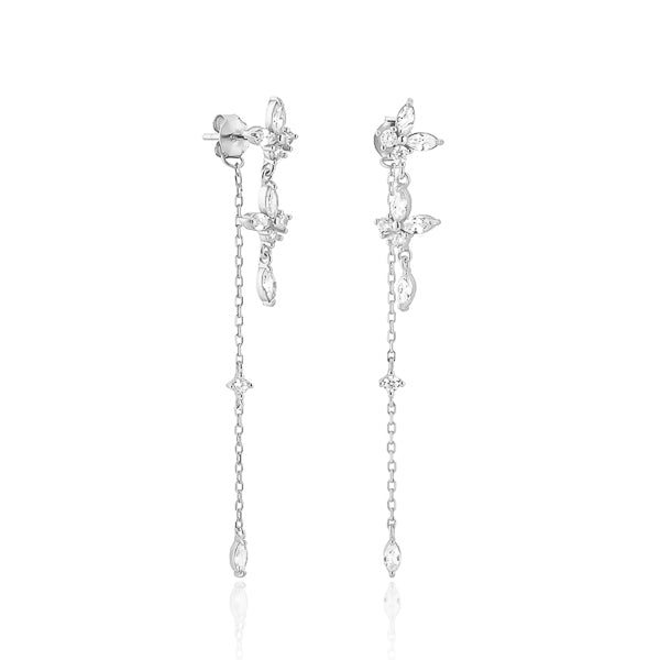 Silver crystal butterfly drop chain earrings