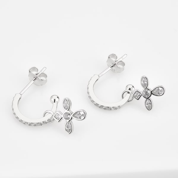 Silver crystal cross c hoop earrings detail