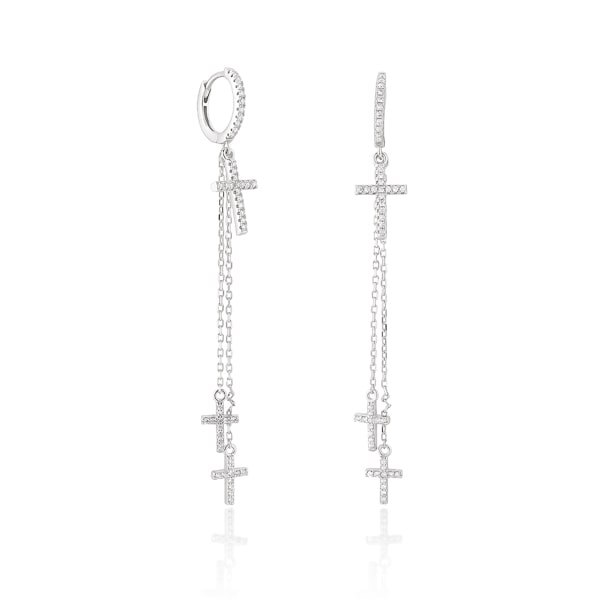 Silver crystal cross drop chain hoop earrings
