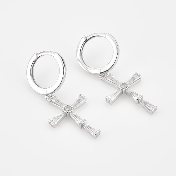 Silver crystal cross hoop earrings detail