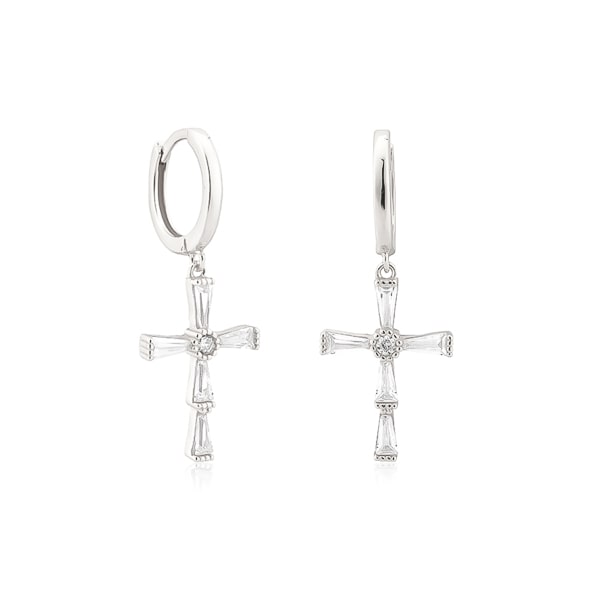 Silver crystal cross hoop earrings