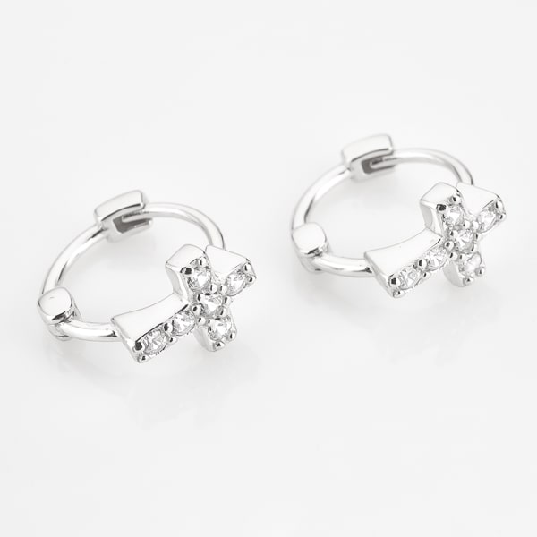 Silver crystal cross huggie hoop earrings detail