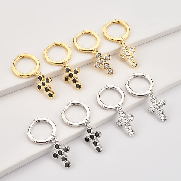 Silver crystal cross mini hoop earrings detail