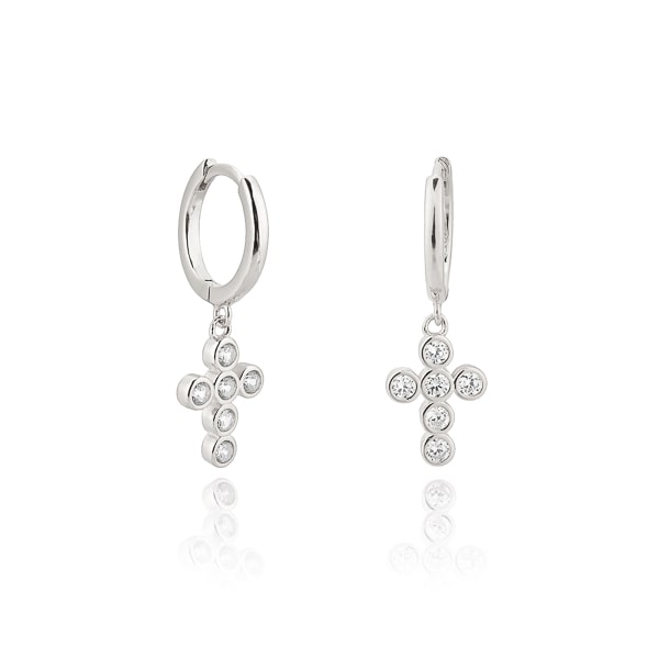 Silver crystal cross mini hoop earrings