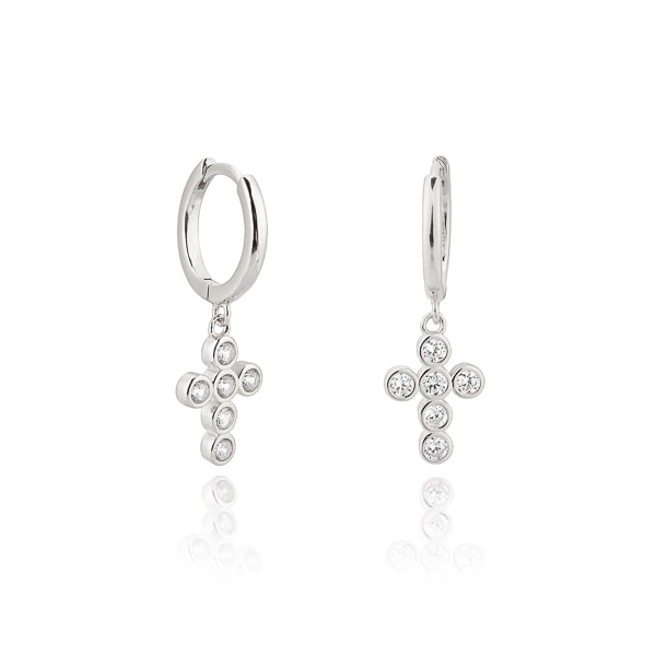 Silver crystal cross mini hoop earrings