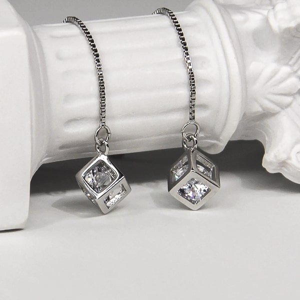 Silver crystal cube threader earrings detail