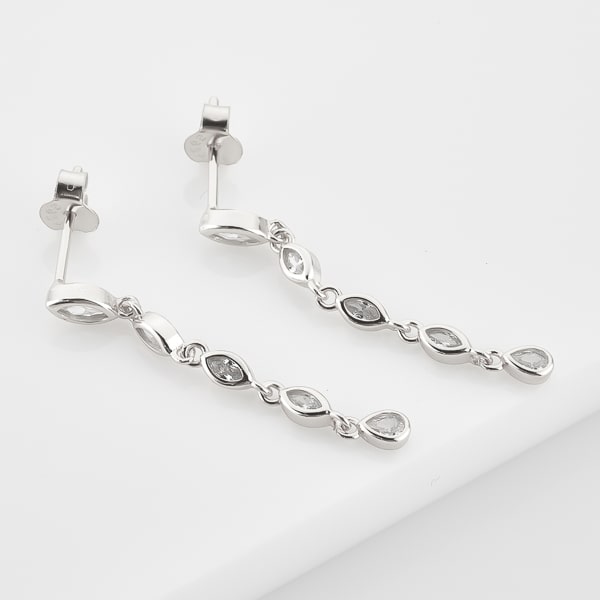 Silver crystal drop chain earrings detail