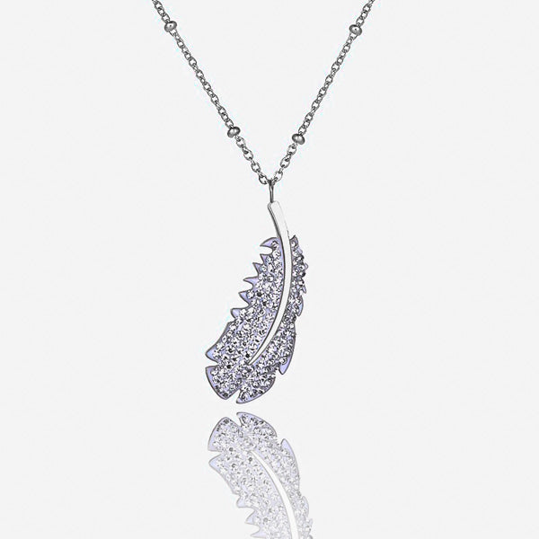Silver crystal feather necklace details