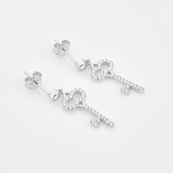 Silver crystal key earrings details