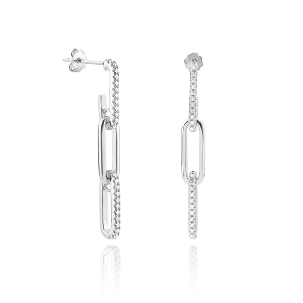 Silver crystal link chain drop earrings
