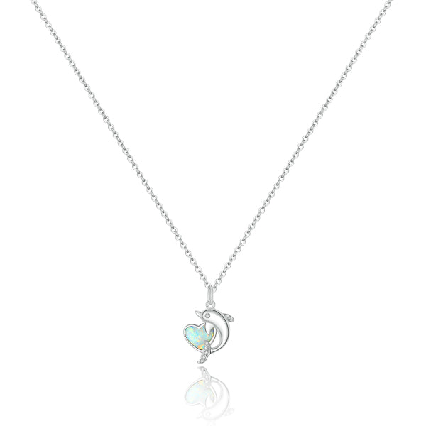 Silver dolphin and opal heart pendant necklace