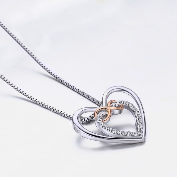 Silver double infinity heart pendant necklace display