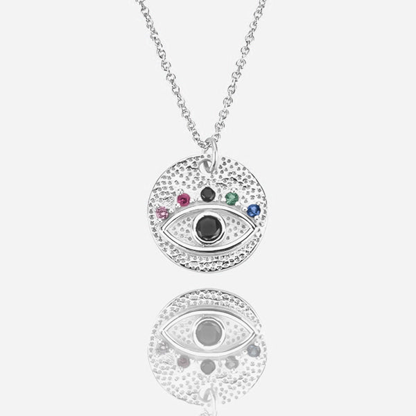 Silver eye of luck coin necklace details