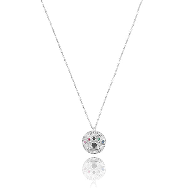 Silver eye of luck coin necklace