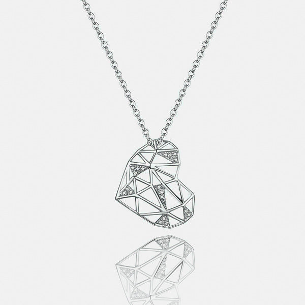 Silver geometric heart pendant necklace details